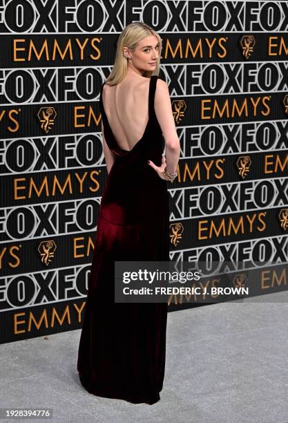 Australian actress Elizabeth Debicki arrives for the 75th Emmy Awards at the Peacock Theatre at L.A. Live in Los Angeles on January 15, 2024.