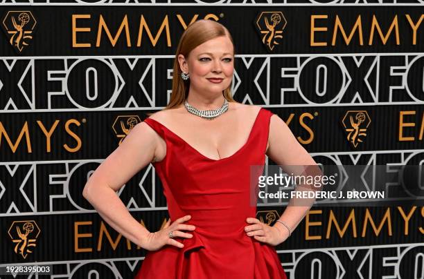 Australian actress Sarah Snook arrives for the 75th Emmy Awards at the Peacock Theatre at L.A. Live in Los Angeles on January 15, 2024.