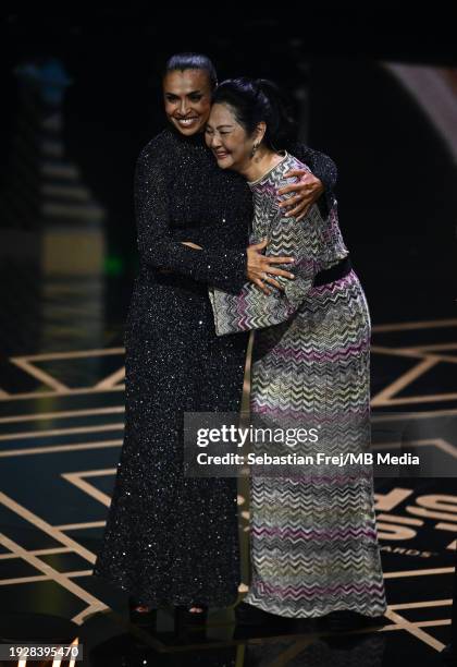 Special Award Winner, Marta Vieira da Silva and Marcia Aoki reacts on stage during The Best FIFA Men's award during The Best FIFA Football Awards...