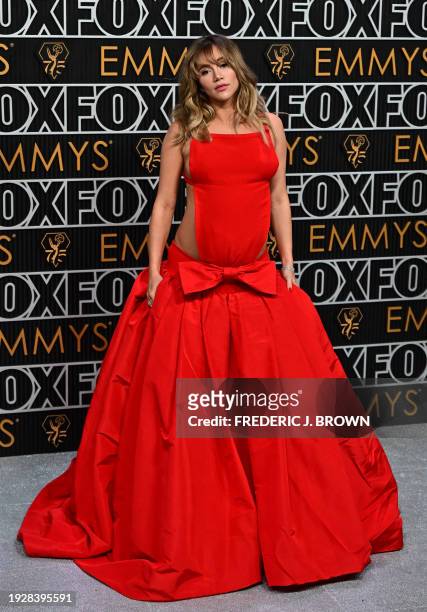 English model Suki Waterhouse arrives for the 75th Emmy Awards at the Peacock Theatre at L.A. Live in Los Angeles on January 15, 2024.