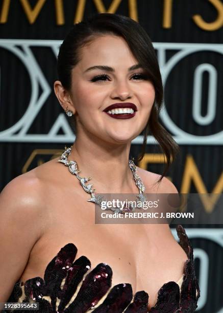 Singer Selena Gomez arrives for the 75th Emmy Awards at the Peacock Theatre at L.A. Live in Los Angeles on January 15, 2024.