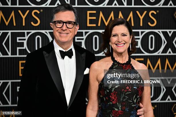 Comedian Stephen Colbert and wife US actress Evelyn McGee-Colbert arrive for the 75th Emmy Awards at the Peacock Theatre at L.A. Live in Los Angeles...