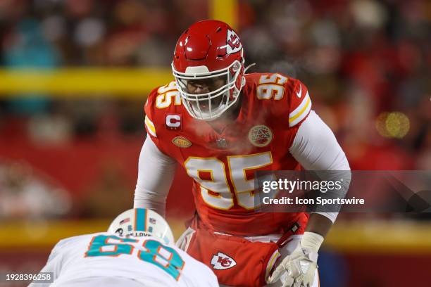 Kansas City Chiefs defensive tackle Chris Jones before the snap in the first quarter of an AFC Wild Card playoff game between the Miami Dolphins and...
