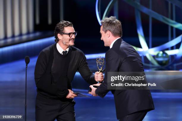 Pedro Pascal and Matthew Macfadyen at the 75th Primetime Emmy Awards held at the Peacock Theater on January 15, 2024 in Los Angeles, California.