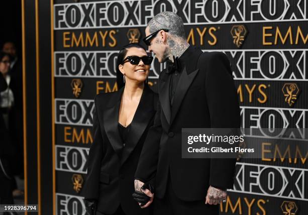 Kourtney Kardashian and Travis Barker at the 75th Primetime Emmy Awards held at the Peacock Theater on January 15, 2024 in Los Angeles, California.