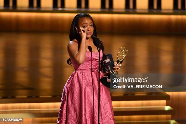 Outstanding Lead Actress in a Comedy Series Quinta Brunson, Abbott Elementary, accepts her award onstage during the 75th Emmy Awards at the Peacock...