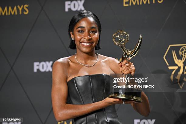 Outstanding Supporting Actress in a Comedy Series Ayo Edebiri, The Bear, poses in the press room during the 75th Emmy Awards at the Peacock Theatre...