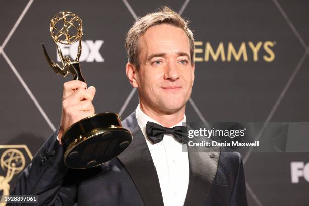 Los Angeles, CA Matthew McFayden, winner of the award for Outstanding Supporting Actor in a Comedy Series for "Succession," poses in the press room...