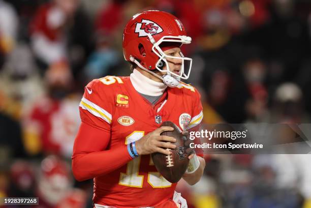 Kansas City Chiefs quarterback Patrick Mahomes drops back to pass in the fourth quarter of an AFC Wild Card playoff game between the Miami Dolphins...