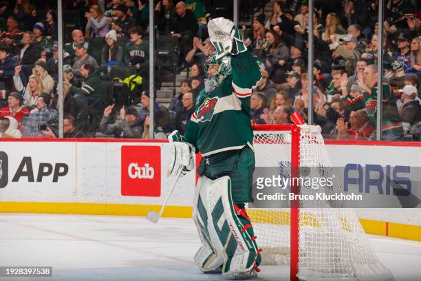 Marc-Andre Fleury of the Minnesota Wild celebrates after defeating the New York Islanders at the Xcel Energy Center on January 15, 2024 in Saint...