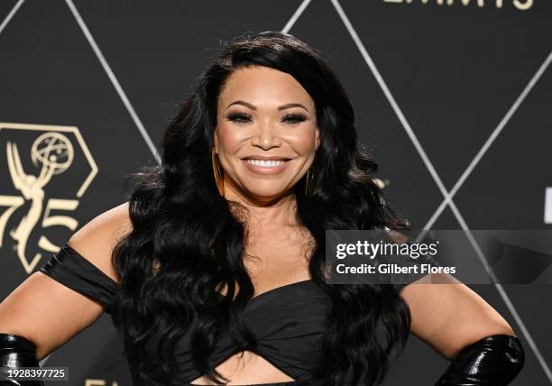 Tisha Campbell poses in the press room at the 75th Primetime Emmy Awards held at the Peacock Theater on January 15, 2024 in Los Angeles, California.