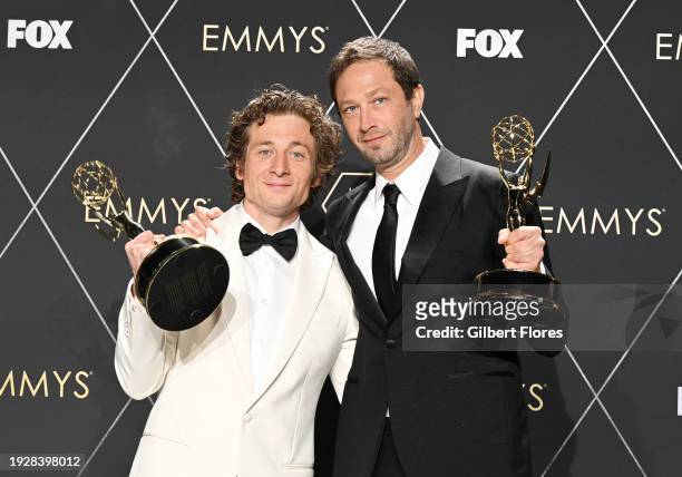 Jeremy Allen White, winner of the Outstanding Lead Actor in a Comedy Series award for "The Bear," and Ebon Moss-Bachrach, winner of the Outstanding...