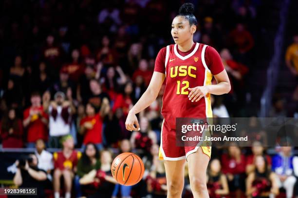 Trojans guard JuJu Watkins handles the ball down the court against the UCLA Bruins during the second half at Galen Center in Los Angeles on Sunday,...