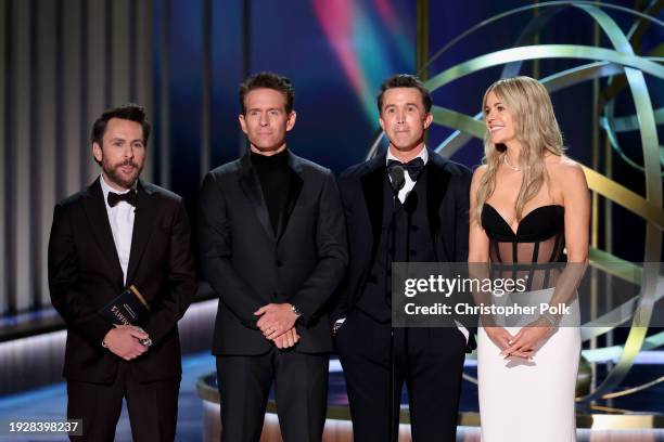 Charlie Day, Glenn Howerton, Rob McElhenney and Kaitlin Olson at the 75th Primetime Emmy Awards held at the Peacock Theater on January 15, 2024 in...