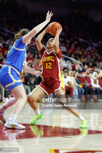 Los Angeles, CA USC Trojans guard JuJu Watkins handles the ball against UCLA Bruins forward Lina Sontag during the second half at the Galen Center on...