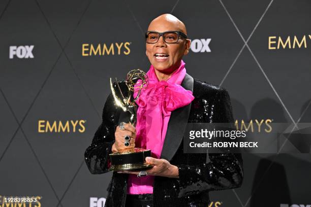 Outstanding Reality TV Competition Program winner RuPaul for "RuPaul's Drag Race" poses in the press room during the 75th Emmy Awards at the Peacock...