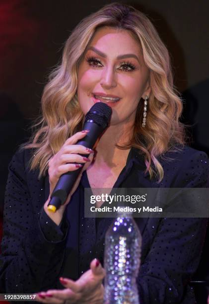 Anette Cuburu speaks during a press conference `Hijas de su madre´at teatro Versalles on January 12, 2024 in Mexico City, Mexico.