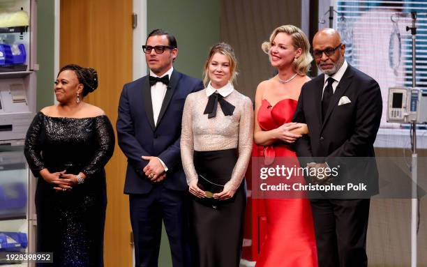 Chandra Wilson, Justin Chambers, Ellen Pompeo, Katherine Heigl and James Pickens Jr. At the 75th Primetime Emmy Awards held at the Peacock Theater on...