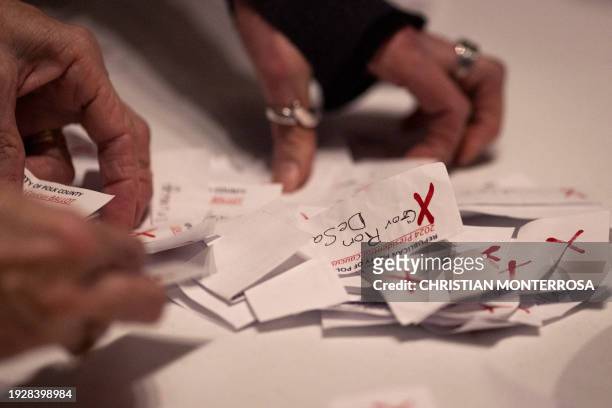 Caucus captains tally the votes during the Republican Iowa caucus at Franklin Jr. High School in Des Moines, Iowa, on January 15, 2024. Republican...