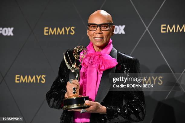 Outstanding Reality TV Competition Program winner RuPaul for "RuPaul's Drag Race" poses in the press room during the 75th Emmy Awards at the Peacock...