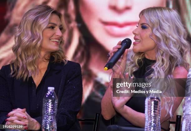 Anette Cuburu and Lorena Herrera speak during a press conference `Hijas de su madre´at teatro Versalles on January 12, 2024 in Mexico City, Mexico.