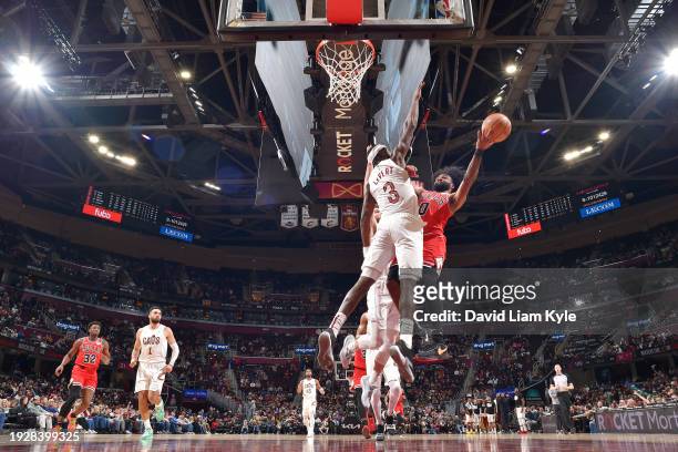 Coby White of the Chicago Bulls drives to the basket during the game against the Cleveland Cavaliers on January 15, 2024 at Rocket Mortgage...