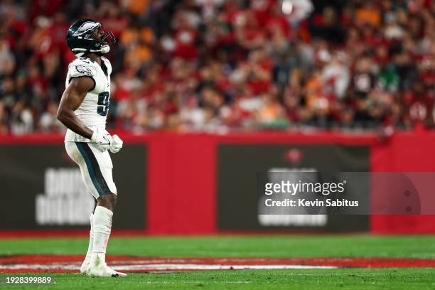 Josh Sweat of the Philadelphia Eagles celebrates after a play during the second quarter of an NFL wild-card playoff football game against the Tampa...