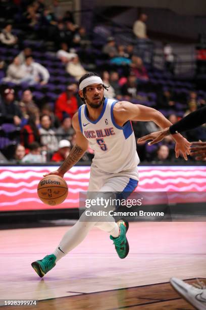 Jaden Shackelford of the Oklahoma City Blue drives to the basket during the game against the Rip City Remix on January 15, 2024 at Chiles Center in...