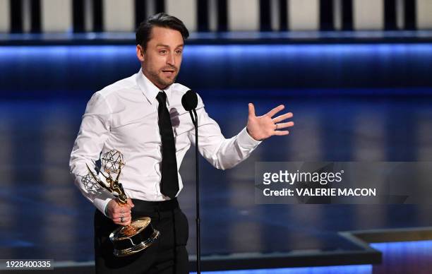 Actor Kieran Culkin accepts the award for Outstanding Lead Actor In A Drama Series for "Succession" onstage during the 75th Emmy Awards at the...