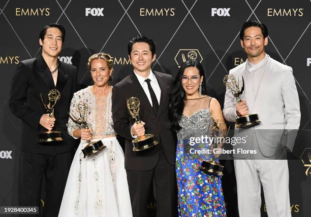 Young Mazino, Maria Bello, Steven Yeun, Ali Wong and Joseph Lee, winners of Outstanding Lead Actress In A Limited Or Anthology Series Or Movie and...