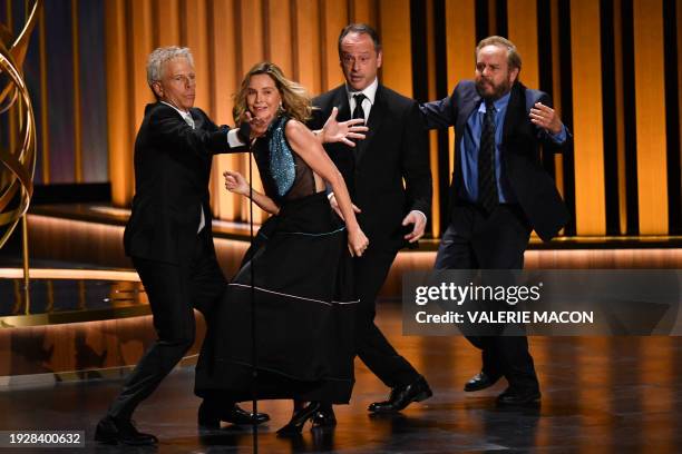 Actor Greg Germann, US actress Calista Flockhart, Canadian actor Gil Bellows and US actor Peter MacNicol perform a sketch onstage during the 75th...
