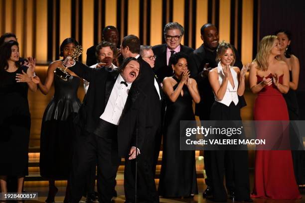 Canadian chef and actor Matty Matheson speaks as the cast and crew of "The Bear" accept the award for Outstanding Comedy Series onstage during the...