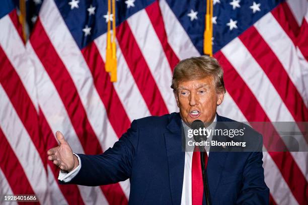 Former US President Donald Trump speaks during a caucus night watch party in Des Moines, Iowa, US, on Monday, Jan. 15, 2024. Trump cruised to victory...