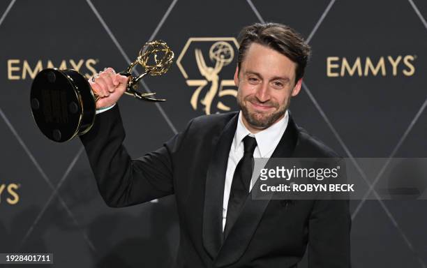 Actor Kieran Culkin poses in the press room with the award for Outstanding Lead Actor In A Drama Series for "Succession" during the 75th Emmy Awards...