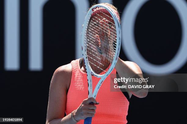 S Danielle Collins celebrates after victory against Germany's Angelique Kerber during their women's singles match on day three of the Australian Open...