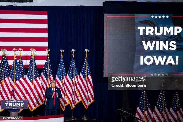 Former US President Donald Trump arrives at a caucus night watch party in Des Moines, Iowa, US, on Monday, Jan. 15, 2024. Trump cruised to victory in...
