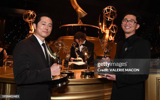 Actor Steven Yeun and South Korean director Lee Sung Jin, winners of Outstanding Lead Actor In A Limited Or Anthology Series Or Movie and Outstanding...