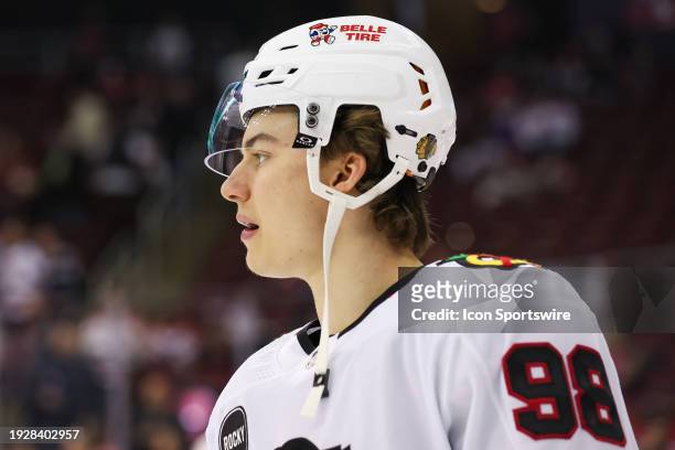 Chicago Blackhawks center Connor Bedard warms up before a game between the Chicago Blackhawks and New Jersey Devils on January 05, 2024 at Prudential...