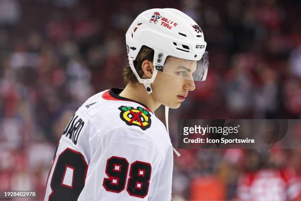 Chicago Blackhawks center Connor Bedard warms up before a game between the Chicago Blackhawks and New Jersey Devils on January 05, 2024 at Prudential...