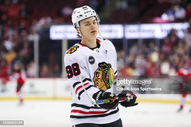 Chicago Blackhawks center Connor Bedard warms up before a game between the Chicago Blackhawks and New Jersey Devils on January 05, 2024 at Prudential...