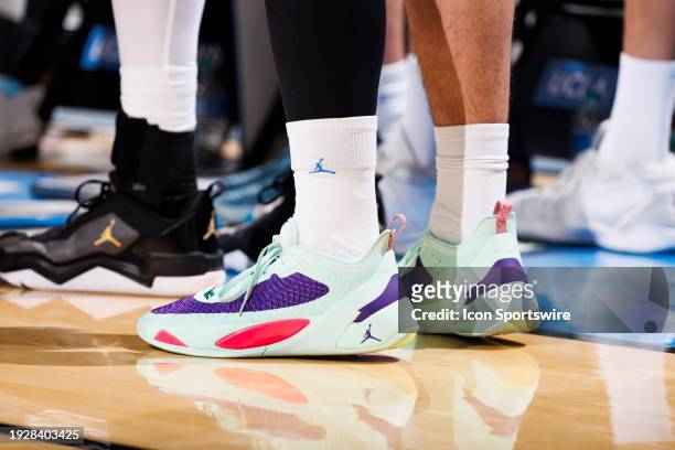 Detail view of UCLA Bruins guard Jan Vide shoes during a college basketball game against the Cal Golden Bears on January 6, 2024 at Pauley Pavilion...