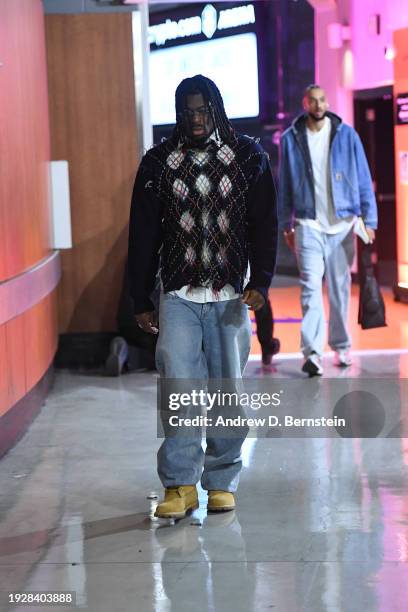 Luguentz Dort of the Oklahoma City Thunder arrives to the arena before the game on January 15, 2024 at Crypto.Com Arena in Los Angeles, California....