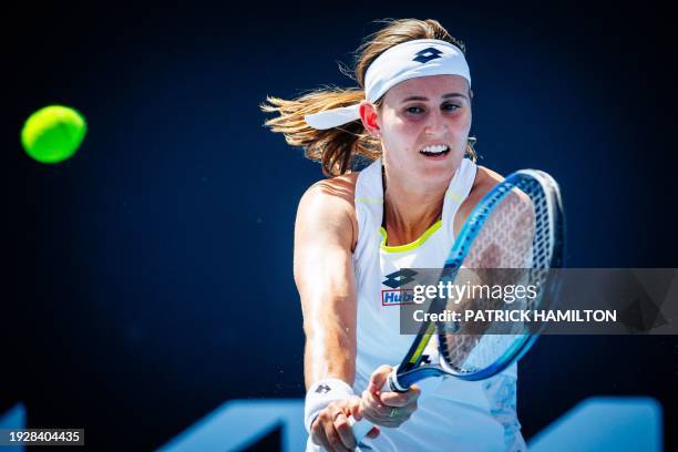 Greet Minnen pictured in action during a tennis match between Belgian Minnen and Danish Tauson, in round 1 of the women's singles tournament at the...