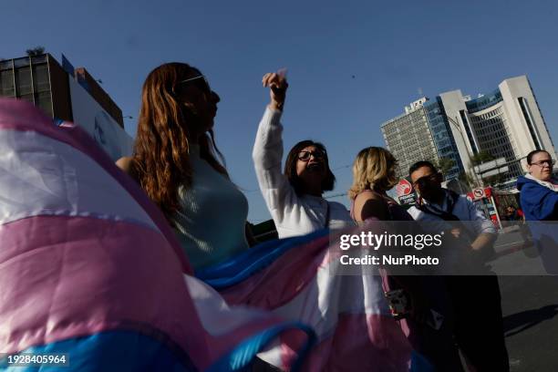 Members of the trans community are holding flags as they block Avenida de los Insurgentes and Avenida Paseo de la Reforma in Mexico City to demand...