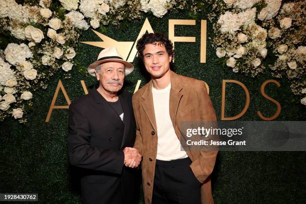 Edward James Olmos and Charles Melton attend the AFI Awards at Four Seasons Hotel Los Angeles at Beverly Hills on January 12, 2024 in Los Angeles,...