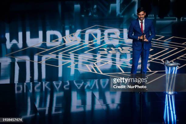 Guilherme Madruga of Botafogo Futebol Clube and Brazil speaks on stage after receiving The FIFA Puskás Award during The Best FIFA Football Awards...