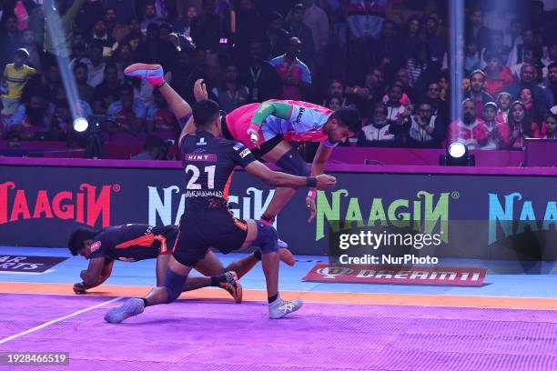 Arjun Deshwal of the Jaipur Pink Panthers is in action during the Pro Kabaddi League season-10 match between the Jaipur Pink Panthers and U Mumba at...