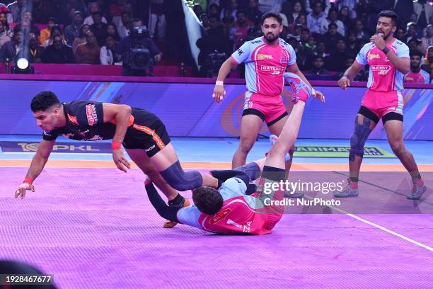 Zafardanesh from U Mumba is in action during the Pro Kabaddi League season-10 match between Jaipur Pink Panthers and U Mumba at the SMS Indoor...