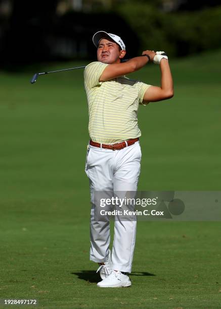 Takumi Kanaya of Japan plays a shot on the sixth hole during the second round of the Sony Open in Hawaii at Waialae Country Club on January 12, 2024...