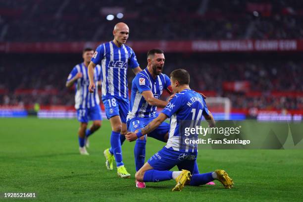 Nahuel Tenaglia of Deportivo Alaves celebrates after scoring the teams first goal during the LaLiga EA Sports match between Sevilla FC and Deportivo...